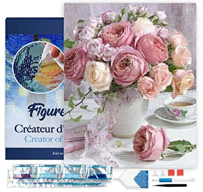 Figured'Art Diamond Painting Kit completo con marco - Cuadro 40x50cm de Pintura de Diamante - Bastidor montado - diamantes de imitación cuadrados - Ramo de Rosas - 5D DIY Manualidades Adultos