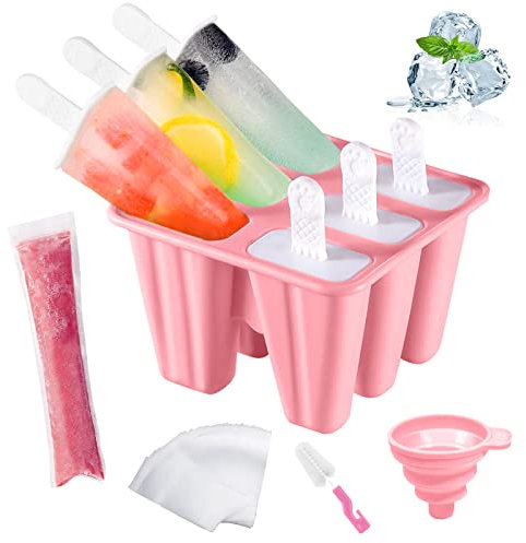 AmzKoi Eisformen Eis am Stiel Silikon, 6 Zellen Eis am Stiel Formen BPA Frei für Kinder, Erwachsen und Baby, Popsicle Formen Set mit Reinigungsbürste und Falttrichter (Rosa)