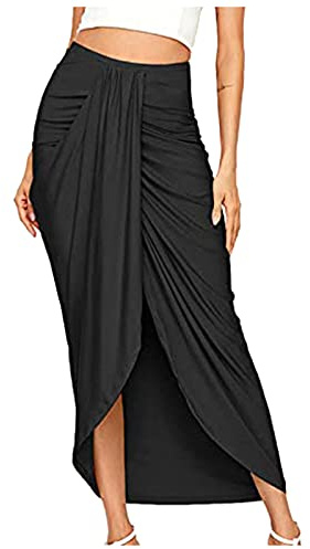 TIMEMEAN Femmes Jupe Maxi Drapée Asymétrique Portefeuille Fente Jupes Mi-Longues Décontractées Plissées Taille Haute De Couleur Unie, TIMEMEANjupe5584, #02noir, M