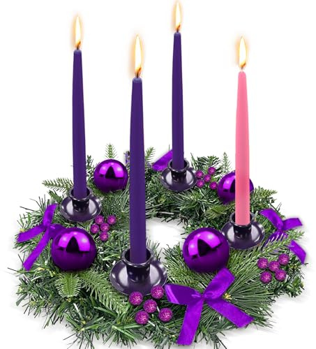 [Safety Fire Retardant] Purple Christmas Advent Wreath Decoration, Lifelike Feel 4 Advent Candle Holder Centerpiece Christmas Decorations Gift for Church Holiday Home Indoor Ribbons Balls(No Candles)