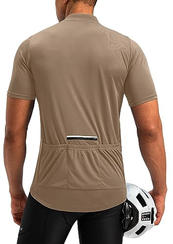 Men's Cycling Jersey Moisture Wicking Short Sleeve Half Zip Bike Road Mountain Biking Bicycle Biker Quick Dry UPF SPF Riding Sun Protection Racing Shirts for Men Zipper Pockets(Khaki,L)