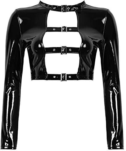 SHANHE Frauen Pole Dance Rave Crop Top Wet Look Leder Ausgehöhlte Vorderseite mit Schnallen Gothic Punk Stil Rave Crop Top für Party Clubwear-Schwarz,XXL
