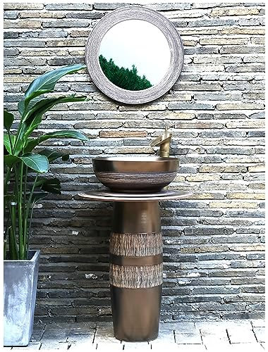 ZTGL Runden Badmöbel Set mit Waschbecken, Standwaschbecken Moderne Waschtisch, Keramik Aufsatzwaschbecken Freistehend Waschbecken/Waschtisch Vintage, Waschbecken Outdoor,with Mirror