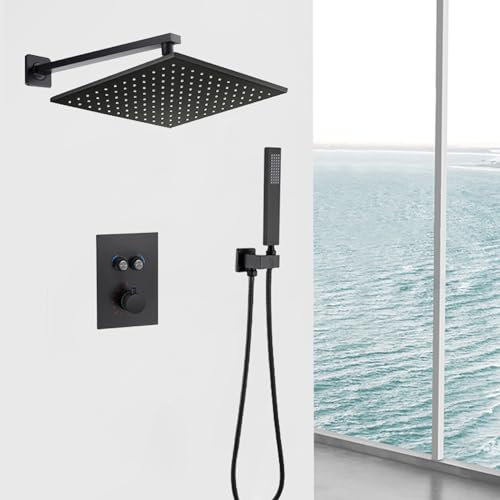 XJTNLB Robinet Douche Encastré Noir Mitigeur Thermostatique 2 Sorties pour Colonne de Douche Pommeau de Douche Carré en Acier inoxydable,12 in-B