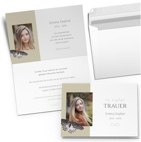 10x Einladung Beerdigung und Trauerfeier personalisiert | individualisiert mit Text Foto und Umschlägen Klappkarte stilvoll hochwertig Karten Motiv 02