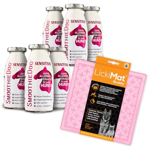 Hunde Smoothie SmoothieDog 6er Sensitivo (Pferd) + Lickimat Buddy M Pastellrosa - Hypoallergener Snack & Leckerli für Sensible Hunde - Zucker- & glutenfrei - Schleckmatte - je 250ml