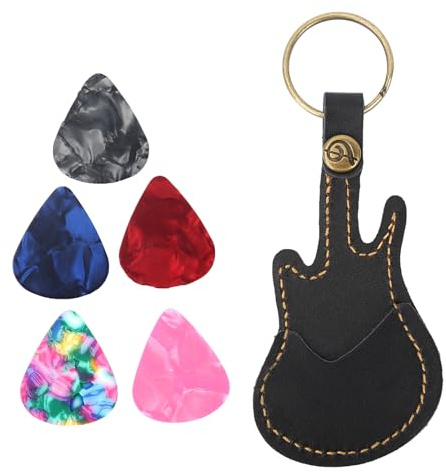 Support de médiator de guitare portable en cuir et laiton avec accessoires pour médiators acoustiques et classiques, étuis et étuis (noir