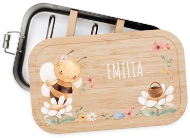 Bärenfreunde® - Personalisierte Brotdose für Kinder mit Spezial-Druck - Robuste Edelstahl Brotdose - Personalisierte Geschenke für Kinder & Erwachsene (Bienen Blumen,klein Weißblech)