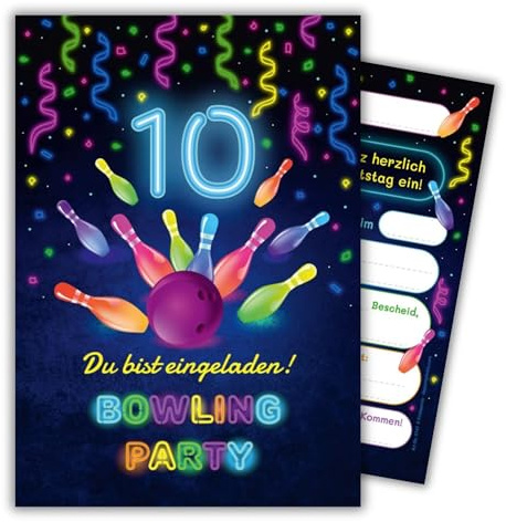 JuNa-Experten 6 Einladungskarten zum 10. Kindergeburtstag Bowling Kegeln Jungen Mädchen coole Einladungen zehnte Geburtstag Mädchengeburtstag Jungsgeburtstag