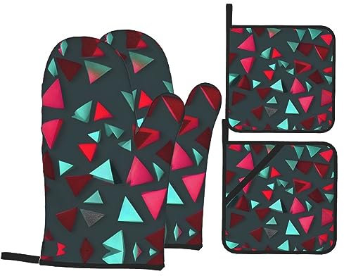 WZYWHJ Set di 4 guanti da forno e presine, guanti da forno, presine e guanti da forno per cucina, cottura al forno, grigliate, motivo triangolare stampato