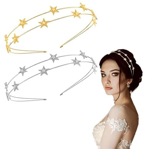 2 Stücke Stern Stirnband Damen Metall Stern Haarband Strass Haarband Metall Sterne Haarreifen Glitzer Haarschmuck Kopfbedeckung Haarreif Sterne für Frauen Party Mädchen Braut Brautjungfern