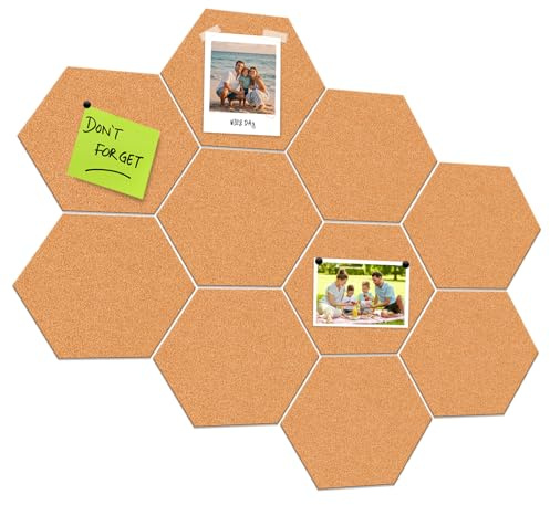Korkplatten 10 Stück Hexagon 6mm, Selbstklebend für Pinnwand | 20x17,5cm, Natürliche Materialien, Rückstandsfrei Entfernbar, Kreativ Kombinierbar für Foto Memo Wand