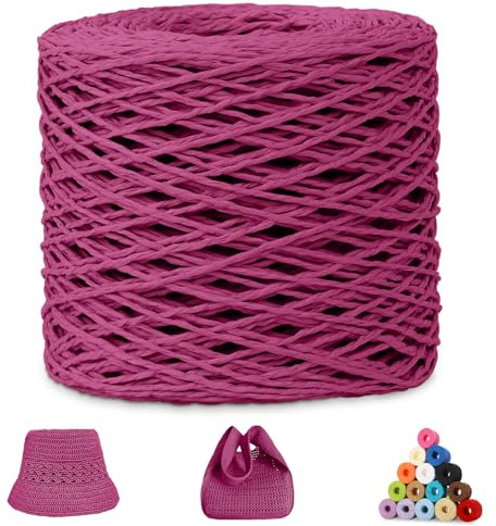 CAMAL Raffia Garn zum Häkeln, Papierdraht Bastband zum Basteln 1.5mm x 200m Raffia Bast Bunt Papiergarn zum Häkeln Von Taschen, Strandmütze, DIY Handarbeiten (Rosenrot)