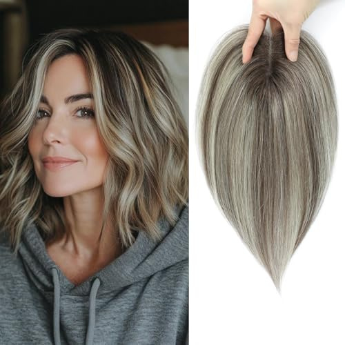 Haaraufsatz für Damen, voluminös, Echthaar, 25,4 cm, handgefertigt, Schweizer Basis, Haarteile mit 360°-Abdeckung bei Haarausfall und grauem Haar (Ombré-Braun mit blonden Highlights)