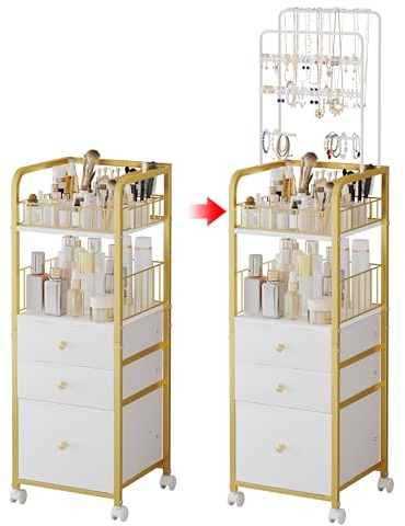 ZQUYAJ Makeup Organizer Cart with 3 Drawers, Jewelry Organizers and Storage for Earring Necklace, Large Vanity Storage Organizer for Skin Care Perfume Make up Brush Nail Polish Hair Tool (Gold)