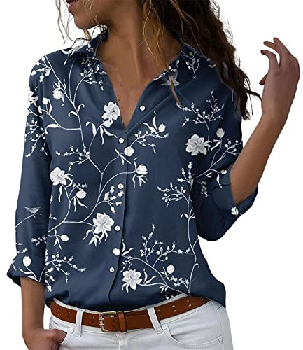 Camicetta da Donna Casual Traspirante Classica Casual Elegante Camicetta Comodo Estive Oversize Leggero Tunica Fantasia Ufficio Vacanza T Shirt Cotone con Bottoni Vintage Maniche Lunghe Top Moda