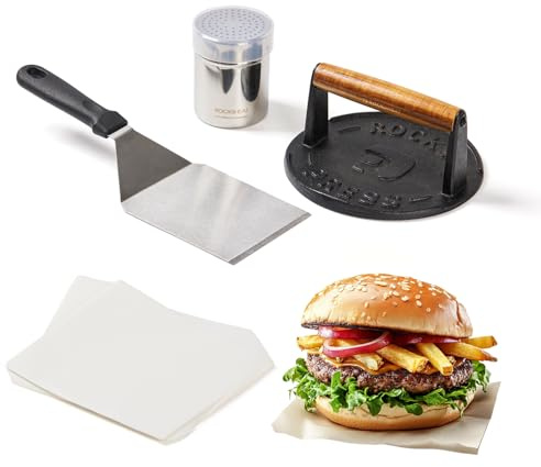 ROCKSHEAT 7 Inch Cast Iron Burger Press Set with Stainless Steel Spatula, Seasoning Shaker & Patty Papers - Heavy-Duty Smash Burger Maker for Griddle, BBQ & Camping