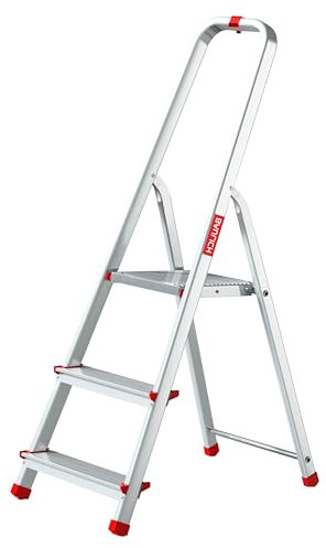 Baulich – Escabeau en Aluminium – 3 Marches, avec Crochet et 4 Embouts Antidérapants – Structure Solide et Ergonomique, Facile à Transporter – 121x40x12cm – Capacité de Charge Jusqu’à 125 kg