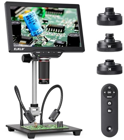 Elikliv 4K 3-Linsen Digitalmikroskop: TL301-Magnetisches Mikroskop mit Vollansicht, Lötmikroskop für Erwachsene mit 7 IPS-Bildschirm, Seitenlichtern, 10 Ständer, PC/TV-kompatibel, 64GB