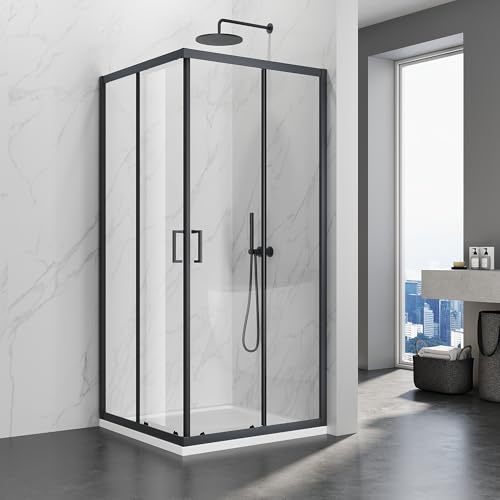 SIRHONA Cabine de Douche 80x80x195 cm Coulissante à Double Ouverture, Noir, Porte de Douche en Verre à Deux Panneaux Fixes avec Verre Transparent de 5 mm, Réglable d'un seul côté 20 mm