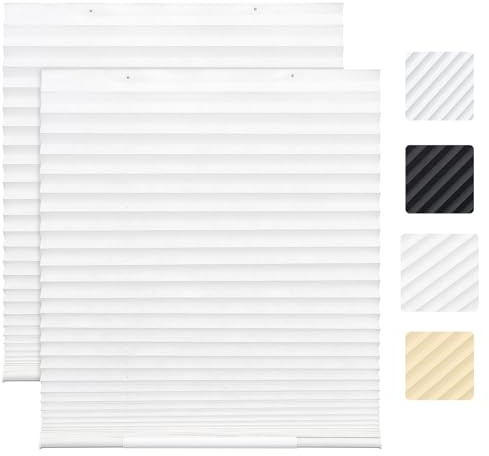 Moonice Cordless Pleated Window Shades No Drill Cut to Size Pleated Blinds Easy to Install Window Blinds for Windows Doors (Light Filtering White, 36 W x 62 H, 2packs)