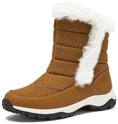 Lands' End Expedition Slip On Insulated Waterproof Winter Boots for Women, Puffer Fur Trimmed Hook & Loop Womens Boots, Medium or Wide Width Sizes 6 to 11, Black, Brown or White - Tan, 11 Medium