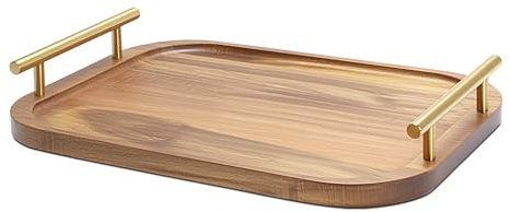 YACEYACE Small Wood Tray with Metal Handles, 12x7.5x1.75 Small Serving Tray for Kitchen Counter, Serving Food, Ottoman Coffee Table, Bathroom