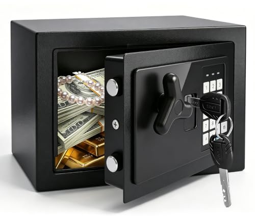 6.6L Safe Box, Steel Security Lock Box with Digital Keypad, Keys | Small Safe for Home, Office, Hotel, Documents, Jewelry, Valuables