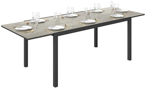 Outsunny Tavolo da Giardino Allungabile da 160-240 cm, Tavola da Pranzo Estensibile per 6-8 Persone Rettangolare in Alluminio con Piano Effetto Legno, Per Patio, Terrazzo, Balcone ed Esterno, Grigio