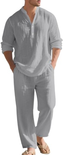 Oanviso Hombre 2 Piezas de Algodón y Lino Mangas Larga Camisa Moda Camiseta + Pantalones de Playa Deportivos Pantalón Completo Casual Traje Conjuntos Primavera Verano