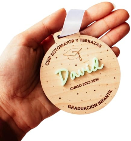 sensalea - Medalla de Graduación Madera de Maple y Metacrilato, 8x8.75 cm, Personalizable