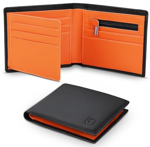 TEEHON RFID Blocking Wallet – Slim Genuine Leather Wallets for Men UK with 11 Card Slots, 2 Note Compartments & Coin Pocket – Minimalist Mens Wallet with Gift Box (Black & Orange)