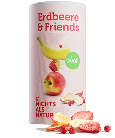 BUAH® Gefriergetrocknete Früchte Mix | Gefriergetrocknete Erdbeeren, Bananen, Äpfel & Johannisbeeren ohne Zuckerzusatz | 100% Frucht | Vegan, Glutenfrei, Laktosefrei (140g)