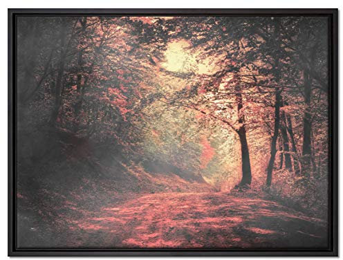 Pixxprint Waldstraße im Herbst Leinwandbild 80x60 cm im Bilderahmen, Wandbild, Schattenfugenrahmen, Kein Poster
