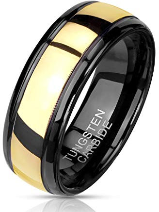Paula & Fritz® Ring Herren Wolframcarbid goldene Mitte Gr. 70 (22,3) Schwarz/Gold 8-mm Breit Damen-Ring Partnerring Bandring Ehering Verlobungsring
