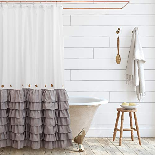 Shaina Tenda da doccia bianca e grigia da 72 x 72 cm, con volant shabby chic e bottoni in stile country francese, tessuto moderno (grigio)