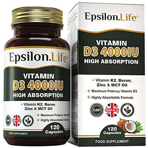 Vitamin D3 and K2 with Zinc - High Strength 4000IU Vitamin D & K2 MK7 Formula - Includes Boron & MCT Oil for Optimal Absorption - 120 Capsules (4 Month Supply) - No Fillers - Made in The UK