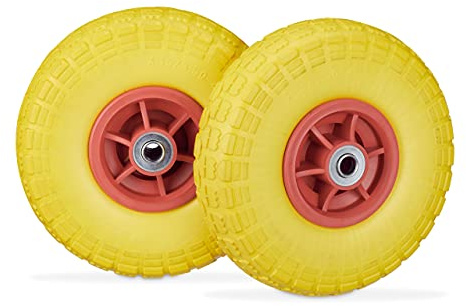 Relaxdays 2 Ruedas de Carro, Antipinchazos, Macizas, 4.10/3.50-4, Eje de 16 mm, hasta 150 kg, 260x85mm, Amarillo/Rojo