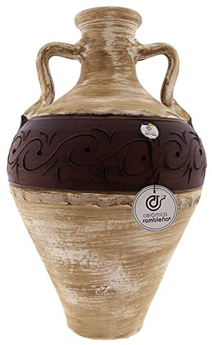 CERÁMICA RAMBLEÑA | Anfora di Argilla Tradizionale con Manico Doppio | Orcio in Ceramica - Modello D02 | 100% Fatto a Mano in Spagna 25x25x44 cm | 7 Litri | Eco