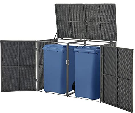 [en.casa] Mülltonnen Verkleidung Widnau für 2 Mülltonnen 240 L Mülltonnenbox Mülltonnenhaus Polyrattan Stahlrahmen 111 x 148 x 80 cm Dunkelgrau