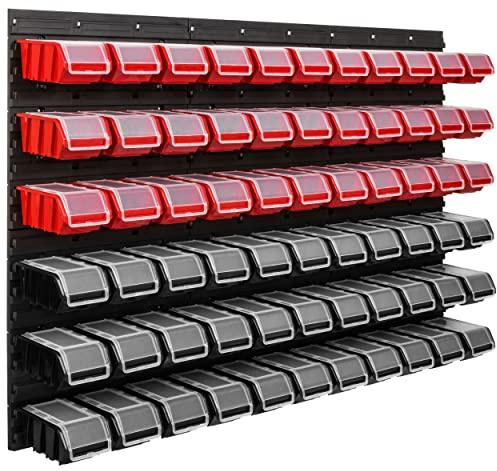 SimpleThing Lagersystem Werkstattregal | 117 x 78 cm | 66 stck. Box | Wandregal mit Stapelboxen - Wandplatten Extra Starke Schüttenregal Warkzeuglochwand Lagerregal Garage Regal (1)