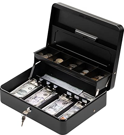 Tera Cash Box with Key Lock: Anti Theft Safe Lock Box with Money Tray 4 Bill 5 Coin Inner Tray 11.8 x 9.4 x 3.5 Large Capacity Rounded Corners for Small Businesses Yard Sale Home KL380