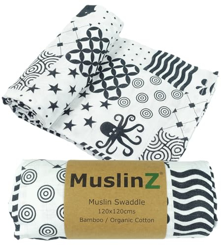 MuslinZ Sensorische Musselin-Quadrate für Neugeborene in Schwarz und Weiß für visuelle Stimulation und Spielen, Bauchzeit, extragroßer Musselin für Babys, Bambus mit Bio-Baumwolle. (Sensorisch, 120 x