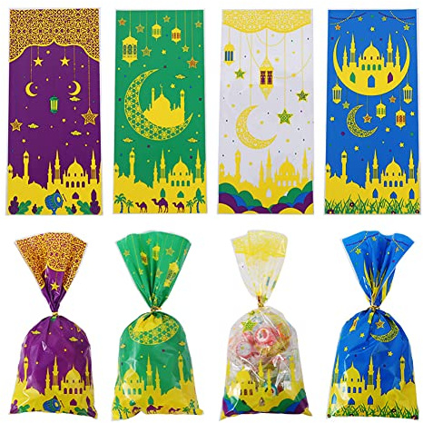 Eid Mubarak Geschenktüten, 100 Stücke Ramadan Geschenke Taschen mit Krawatten Plastik DIY Boxen für Ramadan Eid Gastgeschenke Partytüte Islamische Papiertüten für Kinder Muslim Ramadan Dekoration