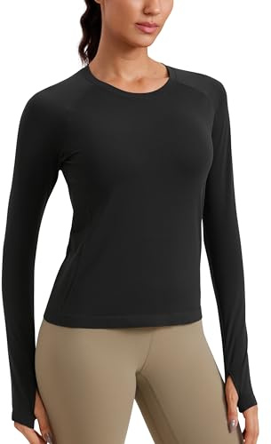 CRZ YOGA Femme sans Couture à Manches Longues Séchage Rapide Yoga Athlétique Tee Shirt avec Trous pour Les Pouces Noir 42
