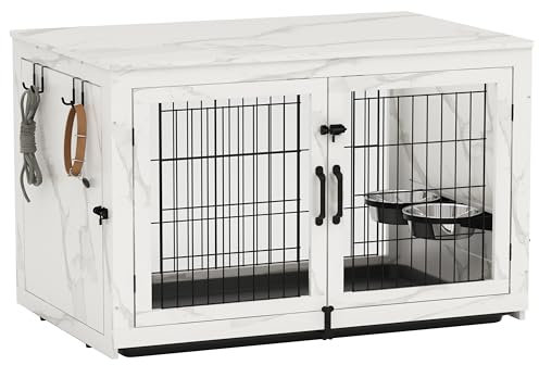 Piskyet Hundekäfig-Möbel aus Holz mit 360° drehbaren, abnehmbaren Hundenäpfen, Beistelltisch mit Tablett, Doppeltüren, Hundehütten für Hunde (XL: 109,7 cm L x 72,6 cm B x 77 cm H, Marmorweiß)