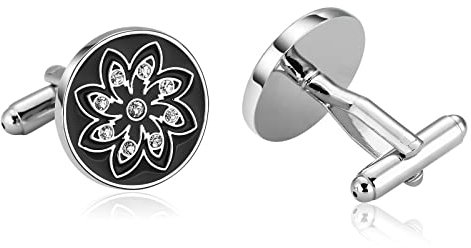 Herren-Kristall-Manschettenknöpfe, personalisierte Manschettenknöpfe aus Edelstahl, Schwarz, Silber, Hochzeit-Manschettenknöpfe, Blumen-Zirkonia, für Herren-Kleid mit Gravur