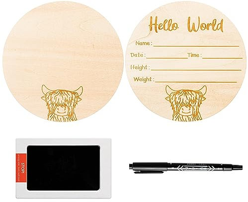 R HORSE Baby Geburt Ankündigung Schild mit Marker Stift, Holz Baby Geburtsschild mit Stempelkissen für Hand und Fußabdrücke, doppelseitiges Neugeborene Ankündigung Schild (Engraved Cow)