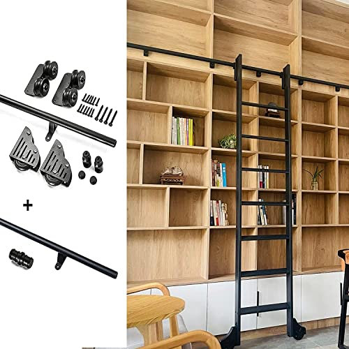 Bibliotheks-Schiebeleiter-Hardware-Kit | Rundrohr-Kohlenstoffstahlschlitten | Roll-Schiebe-Rollensystem-Schiene, robuste Schiene für interne Scheunen-Schiebetüren aus Holz (nur Zub