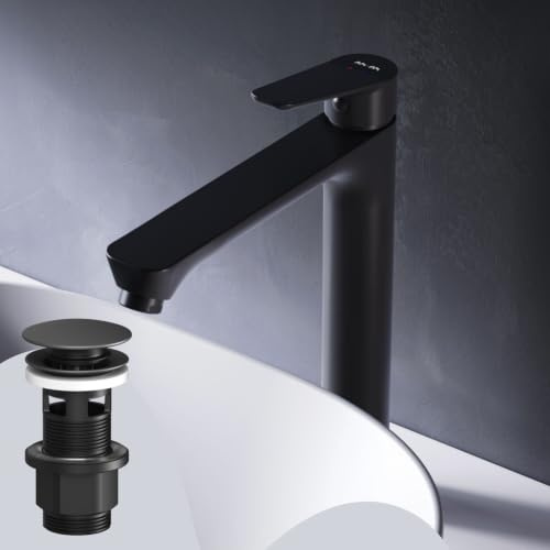 AM.PM Waschtischarmatur mit Klick-Ablaufgarnitur, Wasserhahn Bad mit Auslauf Höhe 193mm, SoftMotion Keramikkartusche 30mm, kratzfest, leicht zu reinigen, Shwarz matt, 5 Jahre Garantie (FTA92222)